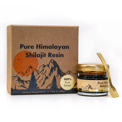 Allebuy pure himalayan shilajit resin dietary supplement jar with gold lid and scoop next to branded box
