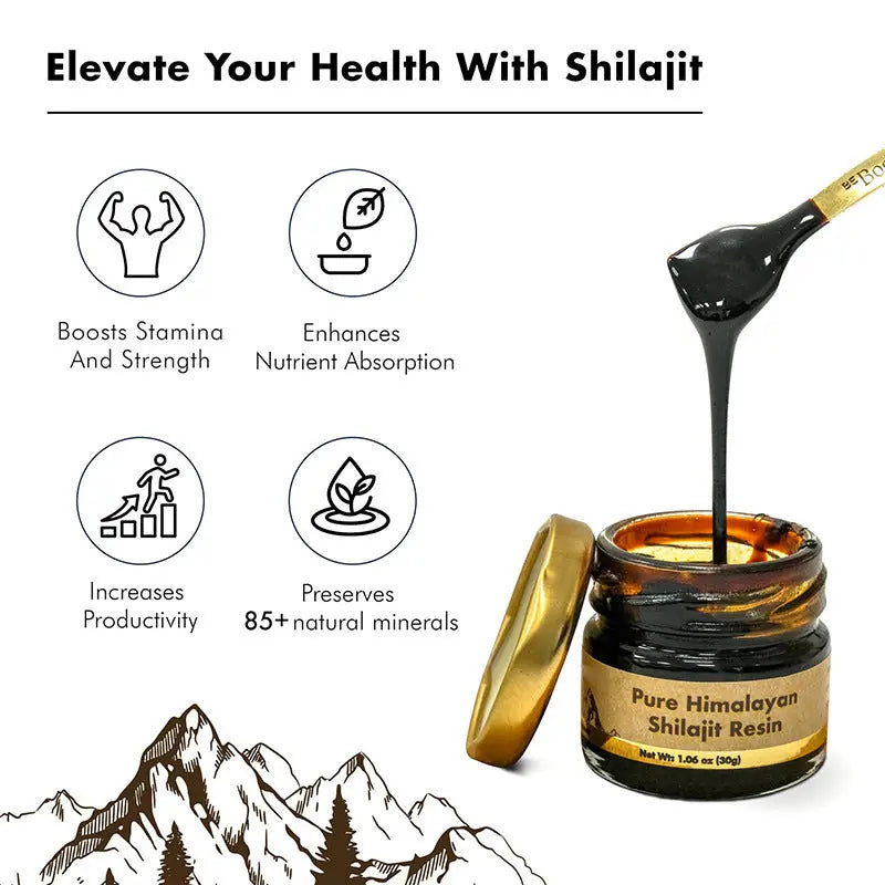 Allebuy Pure Himalayan Shilajit Resin jar with black resin dripping from a spoon and health benefits icons