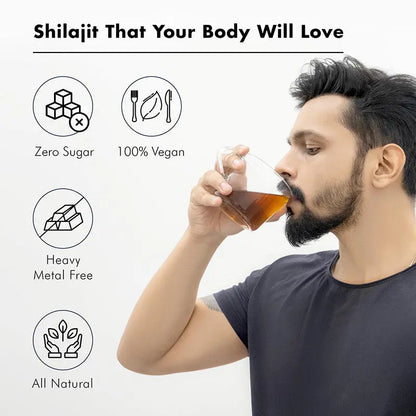 Man drinking Allebuy pure himalayan shilajit resin supplement with benefits zero sugar vegan and all natural