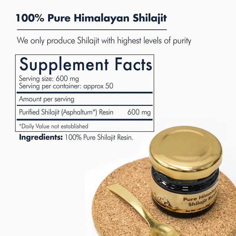 Allebuy pure himalayan shilajit resin supplement jar with gold lid and spoon on cork coaster