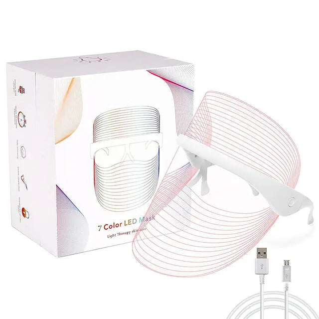 Allebuy 7 Color LED Mask for red-light therapy with USB charging cable and white adjustable frame