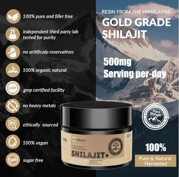 Allebuy Gold Grade Shilajit supplement jar highlighting shilajit benefits for man with 500mg daily serving