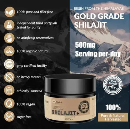 Allebuy Gold Grade Shilajit supplement jar highlighting shilajit benefits for man with 500mg daily serving