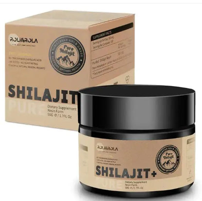 Allebuy Shilajit supplement jar and box highlighting shilajit benefits for man in resin form