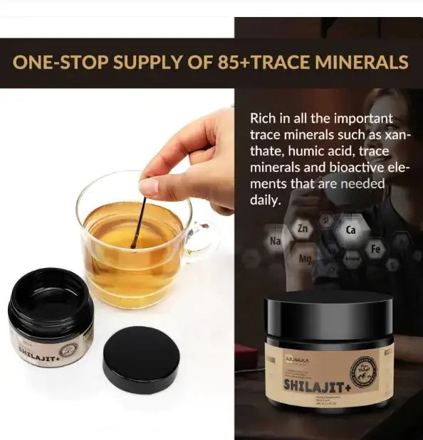 Allebuy Shilajit supplement jar with tea cup showing shilajit benefits for man and trace minerals