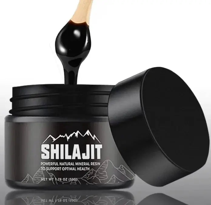 Allebuy Shilajit supplement jar with black mineral resin on a wooden spoon and open lid visible