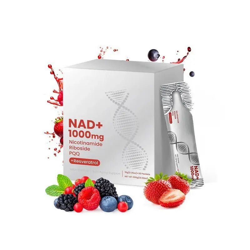 Allebuy nad plus supplement box and sachet with assorted berries and resveratrol