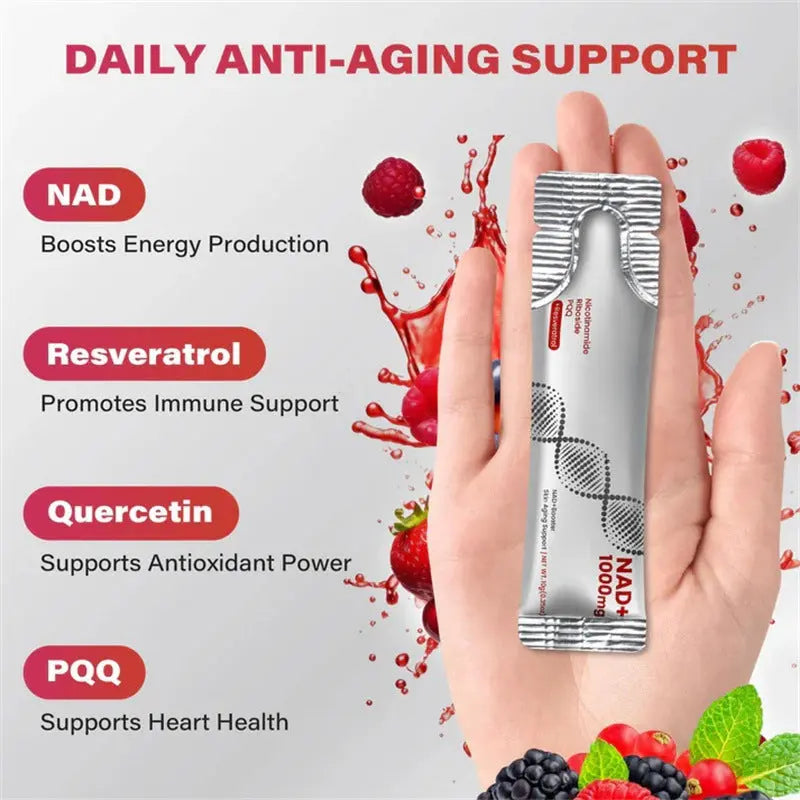 Hand holding Allebuy NAD plus supplement stick pack showing daily anti aging support ingredients