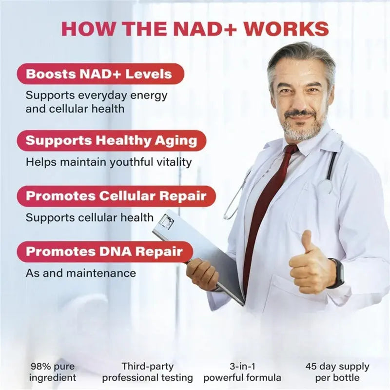 Doctor giving thumbs up with infographic explaining how the nad plus supplement boosts energy supports aging and promotes cellular repair