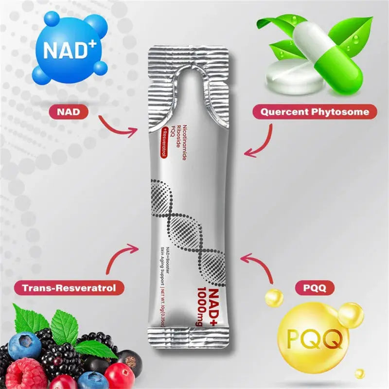 Allebuy nad plus supplement sachet with NAD, Quercert Phytosome, Trans-Resveratrol, and PQQ ingredients