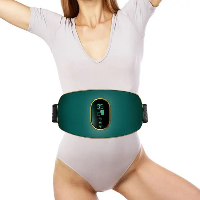 Weight loss belt worn by woman demonstrating balance diet for weight loss with allebuy product