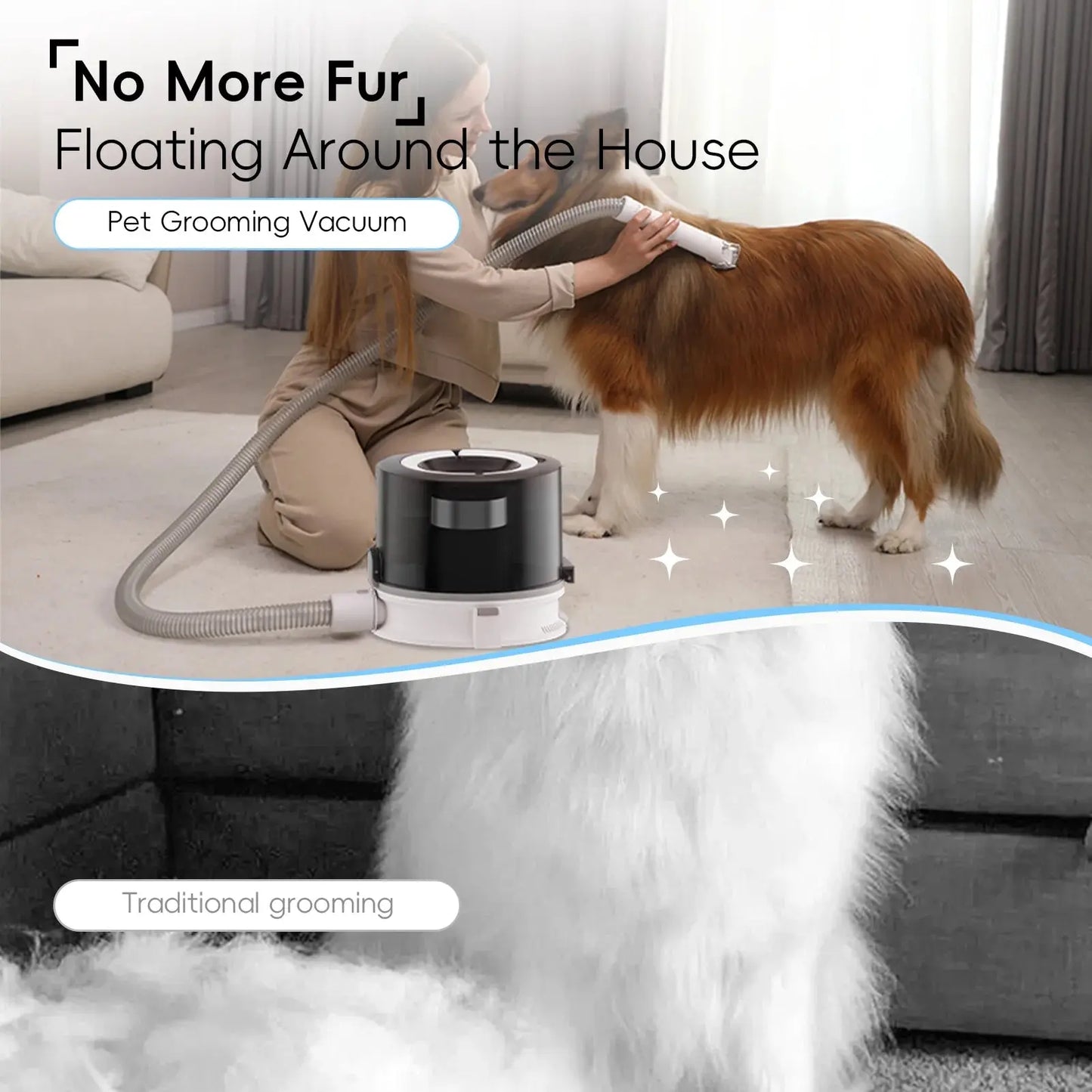 Pet grooming vacuum in use with a dog for dog groomers near me pet grooming and fur removal