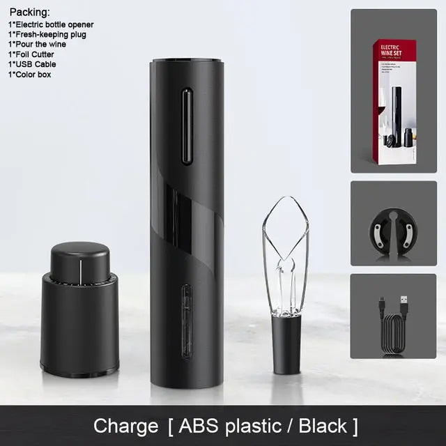 Allebuy electric bottle opener set showing how to open wine with a bottle opener with accessories and USB charging cable