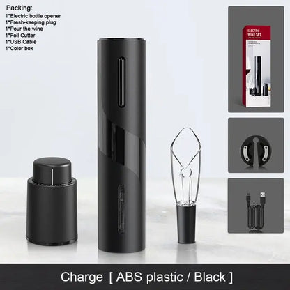 Allebuy electric bottle opener set showing how to open wine with a bottle opener with accessories and USB charging cable