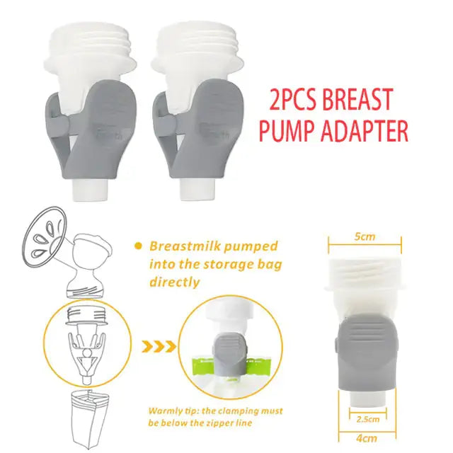 Two white and gray breast pump adapters for milk storage shown with usage diagram and dimensions