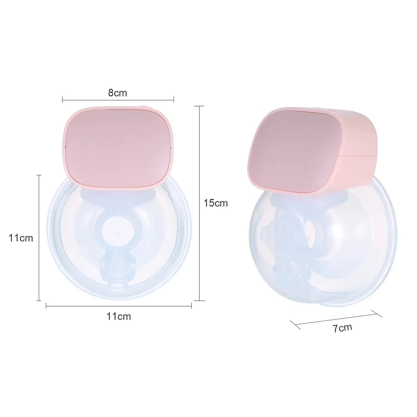 Allebuy breast pump on breast with pink motor cover and transparent silicone flange showing dimensions