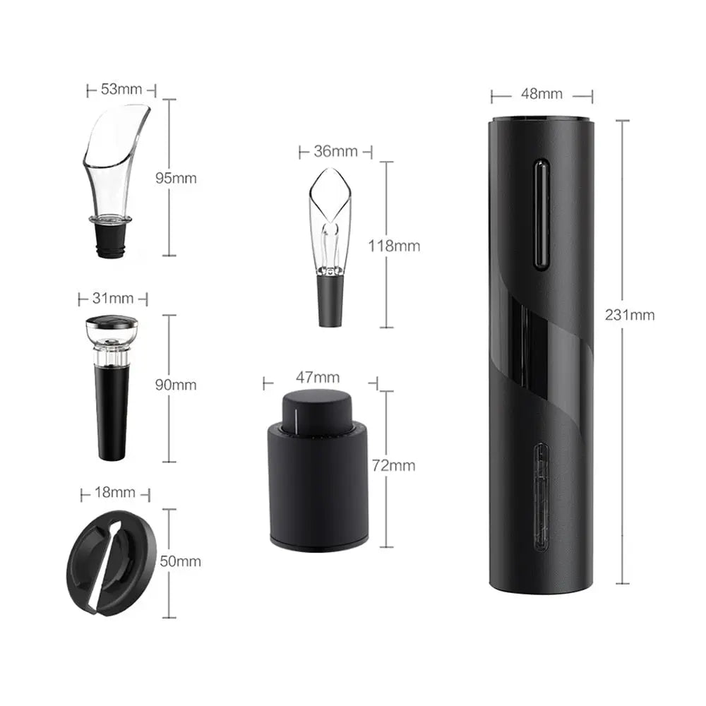 Allebuy electric wine cork opener set with black sleek design and wine accessories including foil cutter and aerators