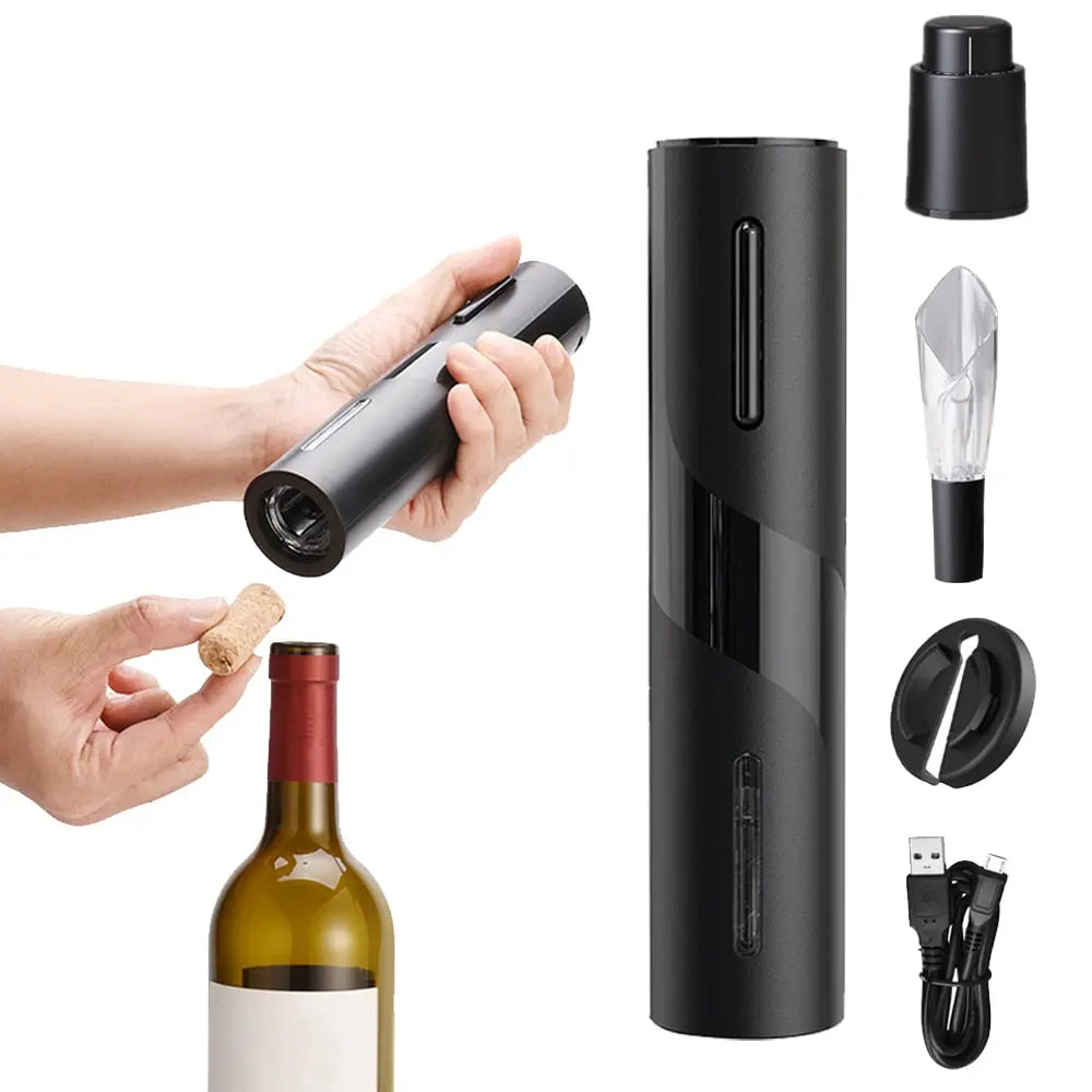 Allebuy electric wine cork opener in black with accessories including foil cutter and USB charging cable