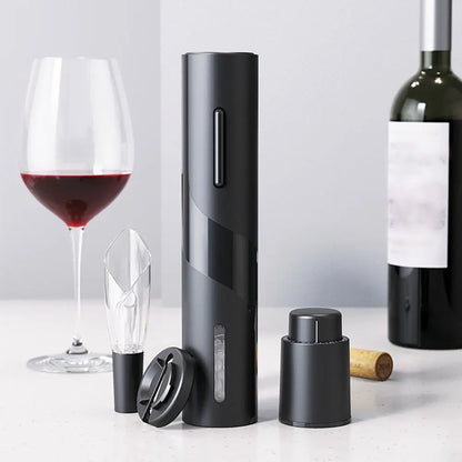 Modern electric wine opener set with accessories showing how to open wine with a bottle opener
