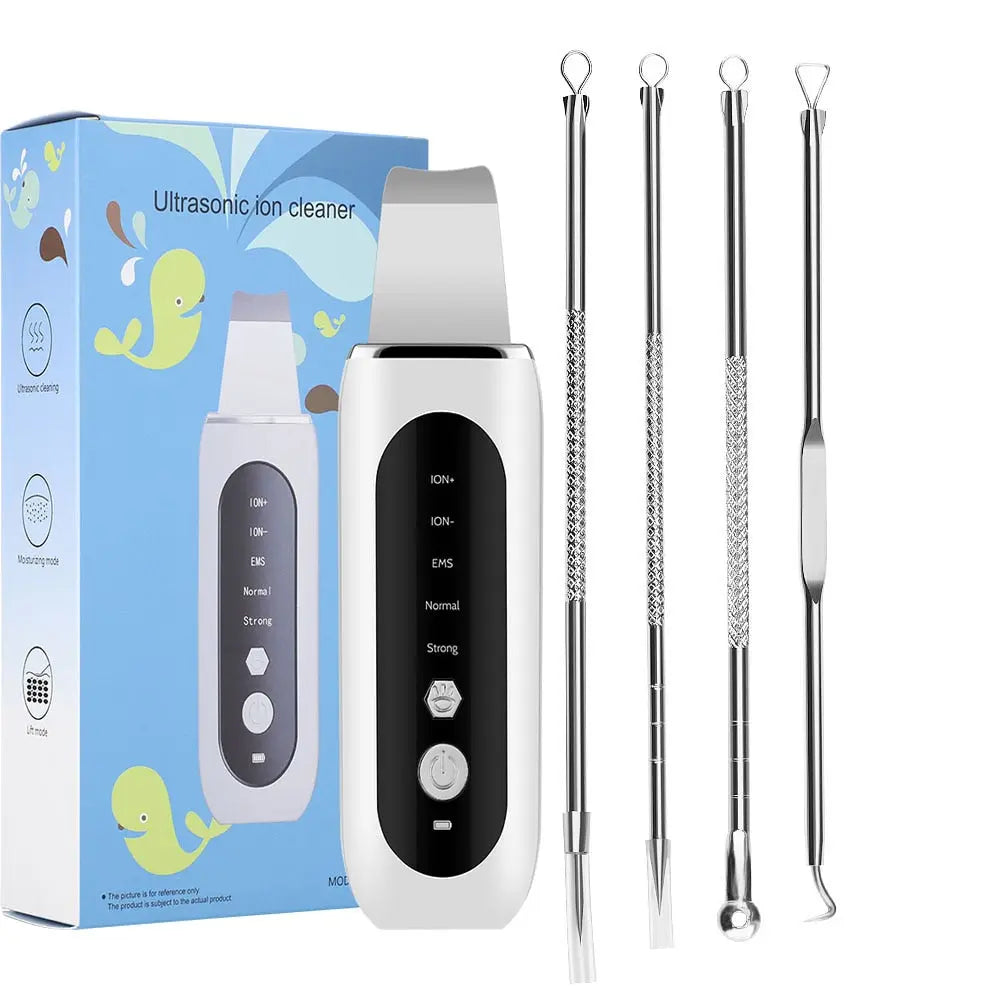 Allebuy ultrasonic exfoliating face scrubber with four stainless steel blackhead removal tools and blue packaging