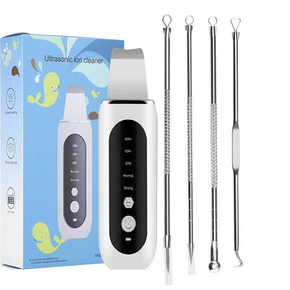 Allebuy ultrasonic exfoliating face scrubber with four stainless steel blackhead removal tools and blue packaging
