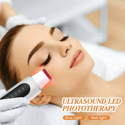 Allebuy exfoliating face scrubber with ultrasound LED phototherapy using blue and red light on woman’s face