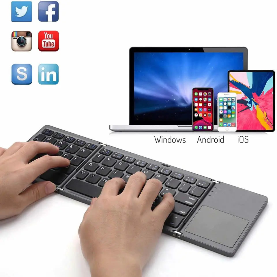 Foldable keyboard for ipad bluetooth with touchpad being used with multiple device compatibility