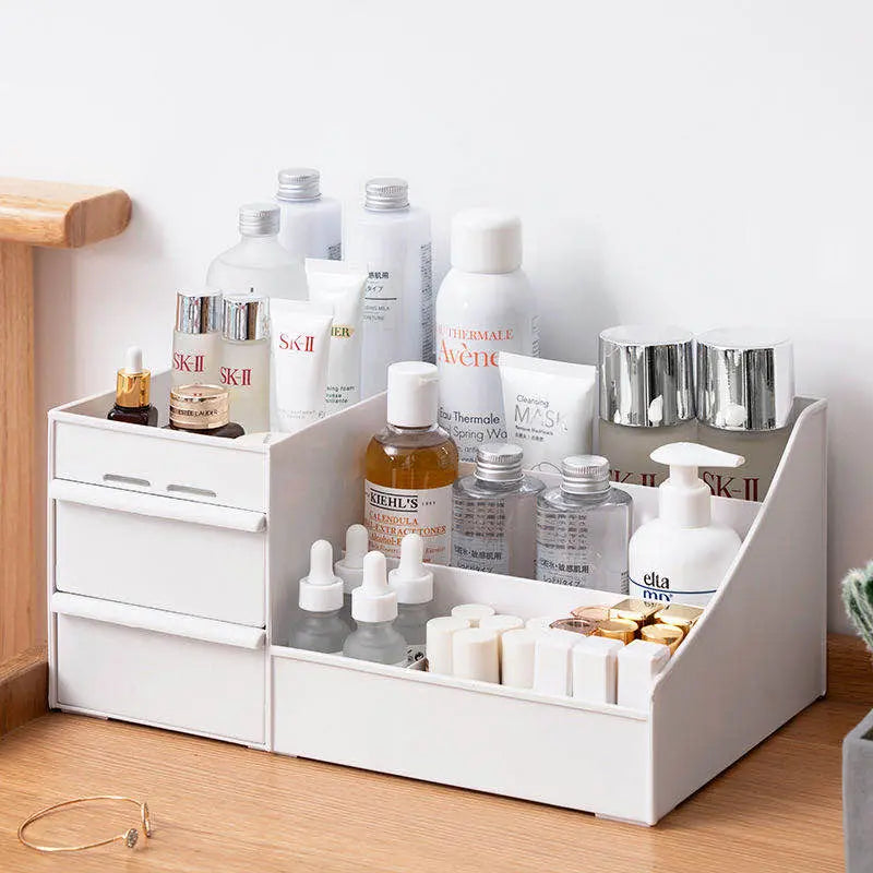 White makeup cosmetics organizer with multiple compartments holding skincare bottles and beauty products