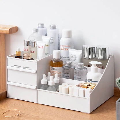 White makeup cosmetics organizer with multiple compartments holding skincare bottles and beauty products