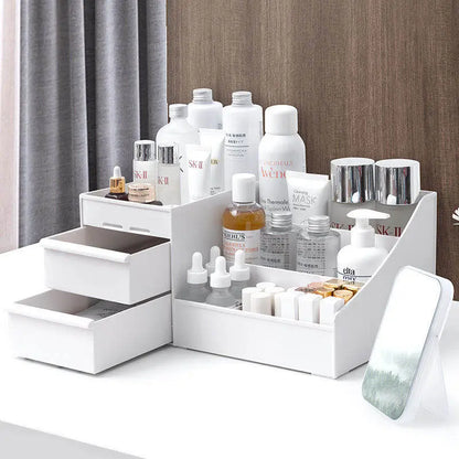 White makeup cosmetics organizer with drawers and multiple compartments holding skincare bottles and lipsticks