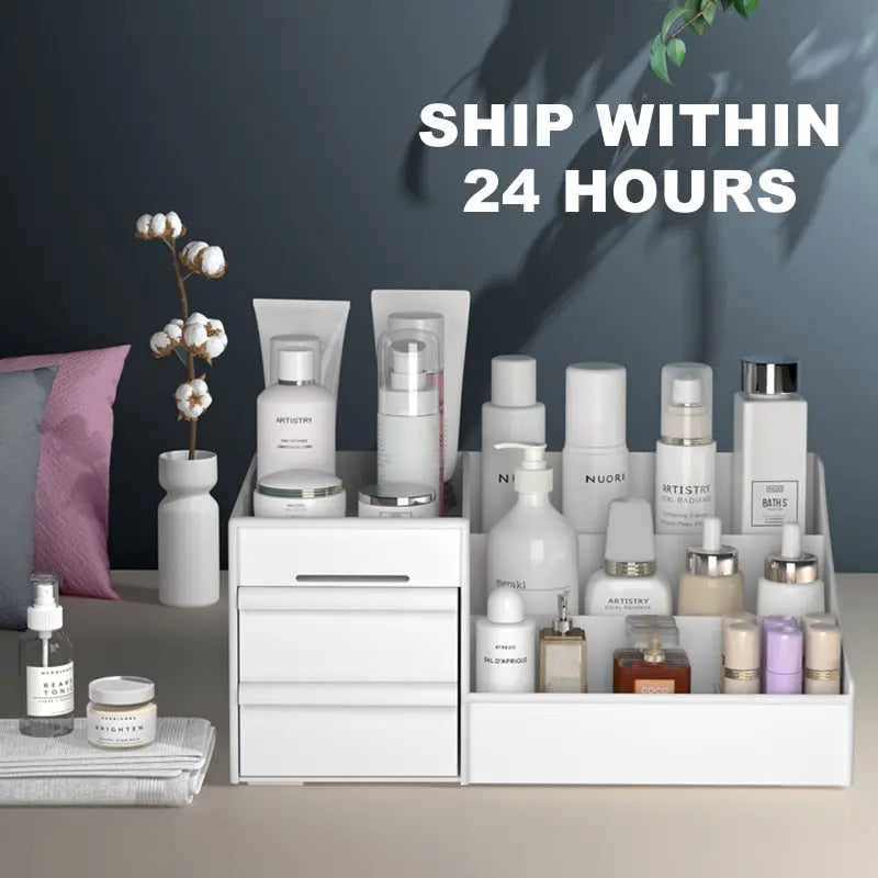 White makeup cosmetics organizer with multiple compartments holding skincare and beauty products