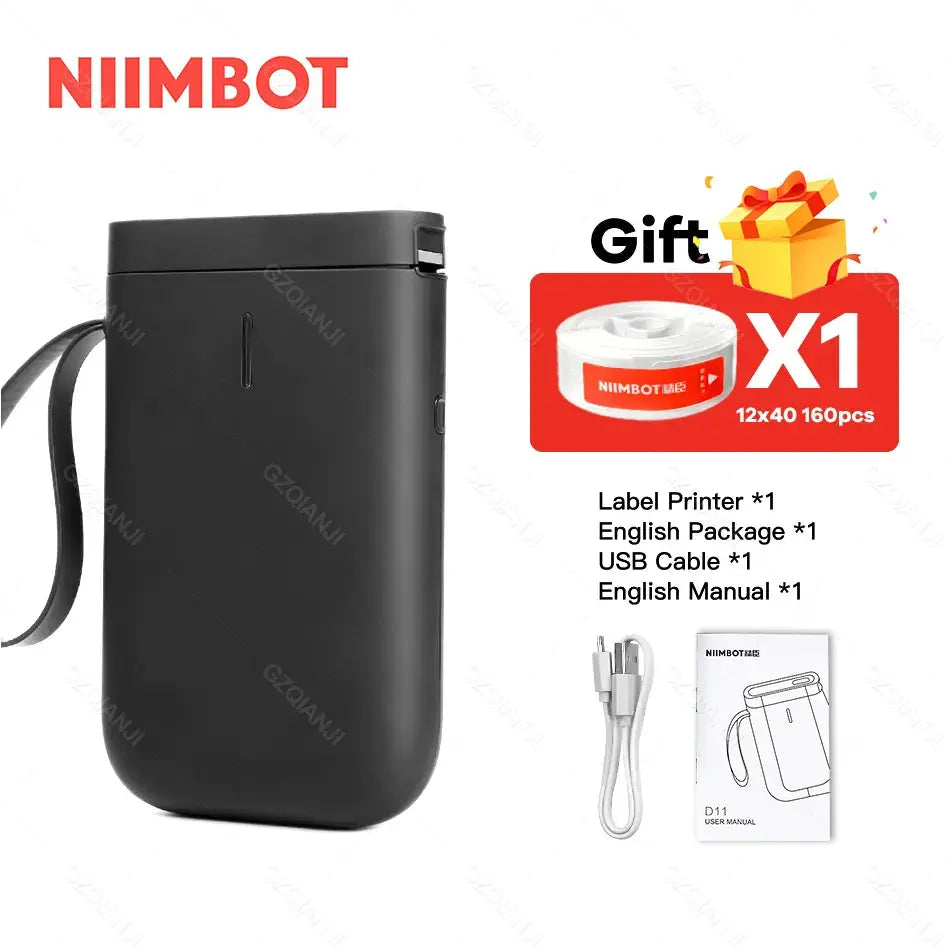 Allebuy Niimbot portable printer with label printing showing black compact device USB cable and user manual