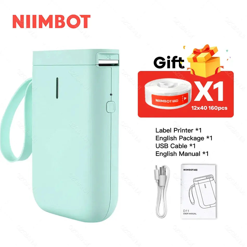 Mint green NIIMBOT portable printer with label printing USB cable and manual included