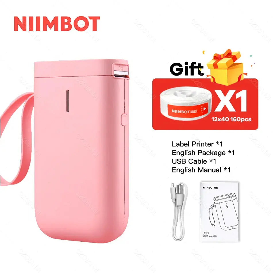 Pink NIIMBOT printer with label printing portable device with USB cable and manual included