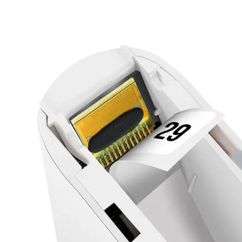 Close-up of allebuy printer with label printing showing label number 29 being printed