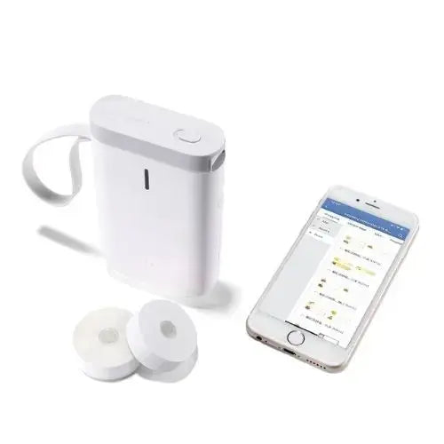 allebuy compact white printer with label printing next to smartphone and extra label rolls
