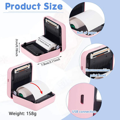 Allebuy portable pink thermal printer showing roll of paper and USB connection compatible with bambu lab a1 mini 3d printer