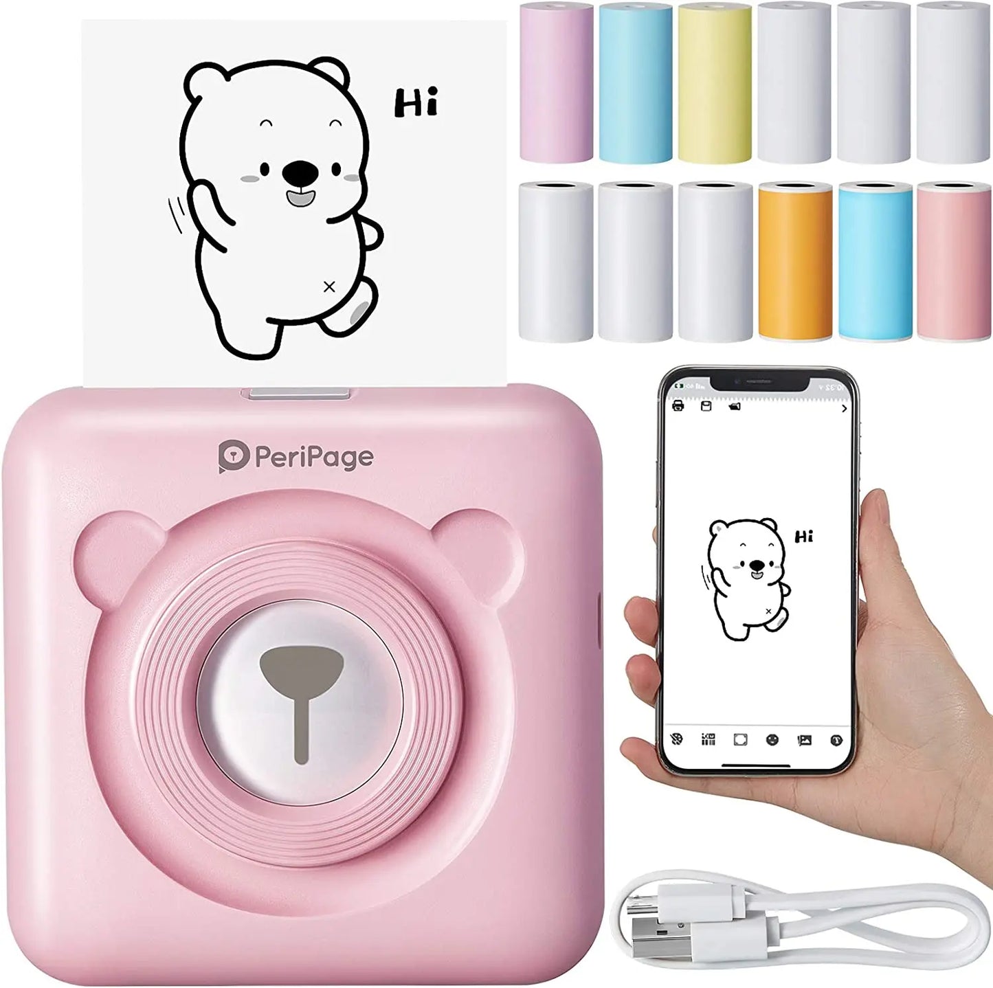 PeriPage mini photo printer in pink with bear design print and smartphone showing printed bear image compatible with bambu lab a1 mini 3d printer