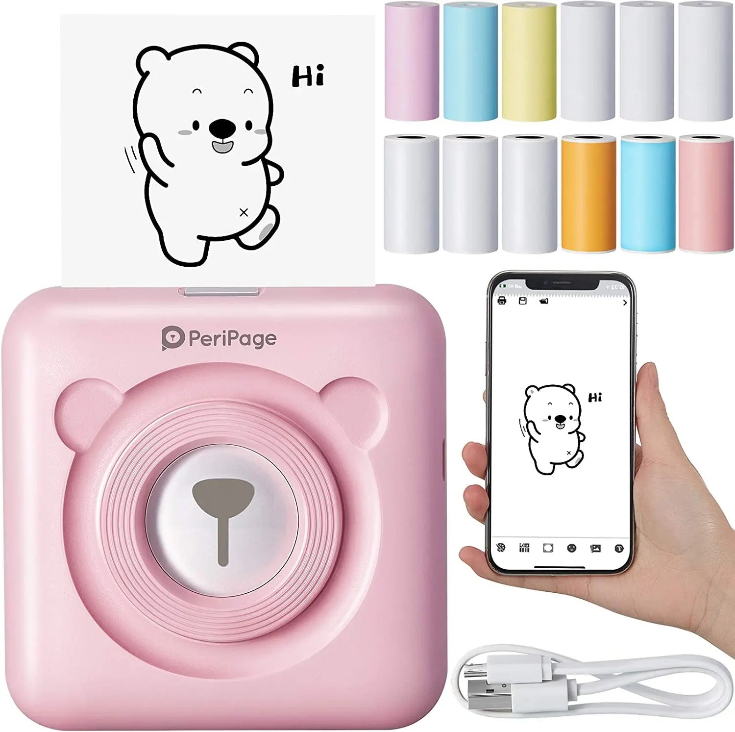 PeriPage mini photo printer in pink with bear design print and smartphone showing printed bear image compatible with bambu lab a1 mini 3d printer