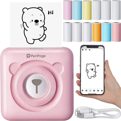PeriPage mini photo printer in pink with bear design print and smartphone showing printed bear image compatible with bambu lab a1 mini 3d printer