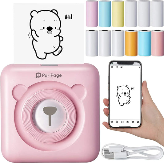PeriPage mini photo printer in pink with bear design print and smartphone showing printed bear image compatible with bambu lab a1 mini 3d printer