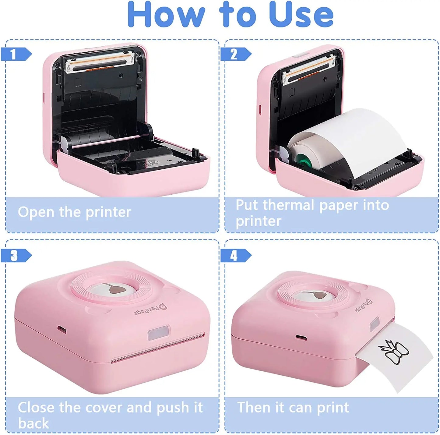 How to use bambu lab a1 mini 3d printer showing opening printer, loading thermal paper, closing cover, and printing steps