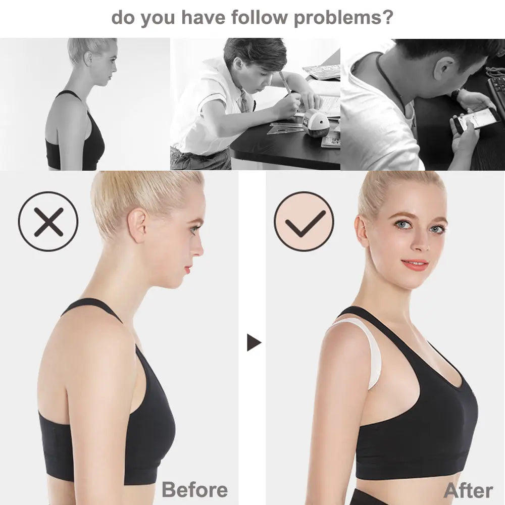 Allebuy posture corrector improves posture shown with before and after images of a woman standing straight