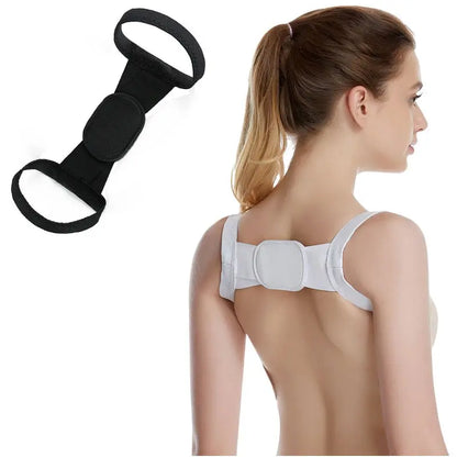 Allebuy posture corrector shown in black and worn in white on a woman to improve back alignment