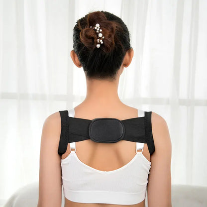 Woman wearing black Allebuy posture corrector over white tank top shown from back