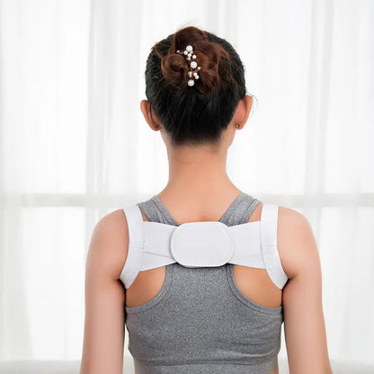Woman wearing Allebuy white posture corrector over gray tank top shown from back
