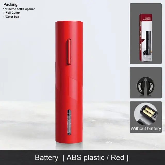 Allebuy electric red bottle opener showing how to open wine with a bottle opener with foil cutter and packaging