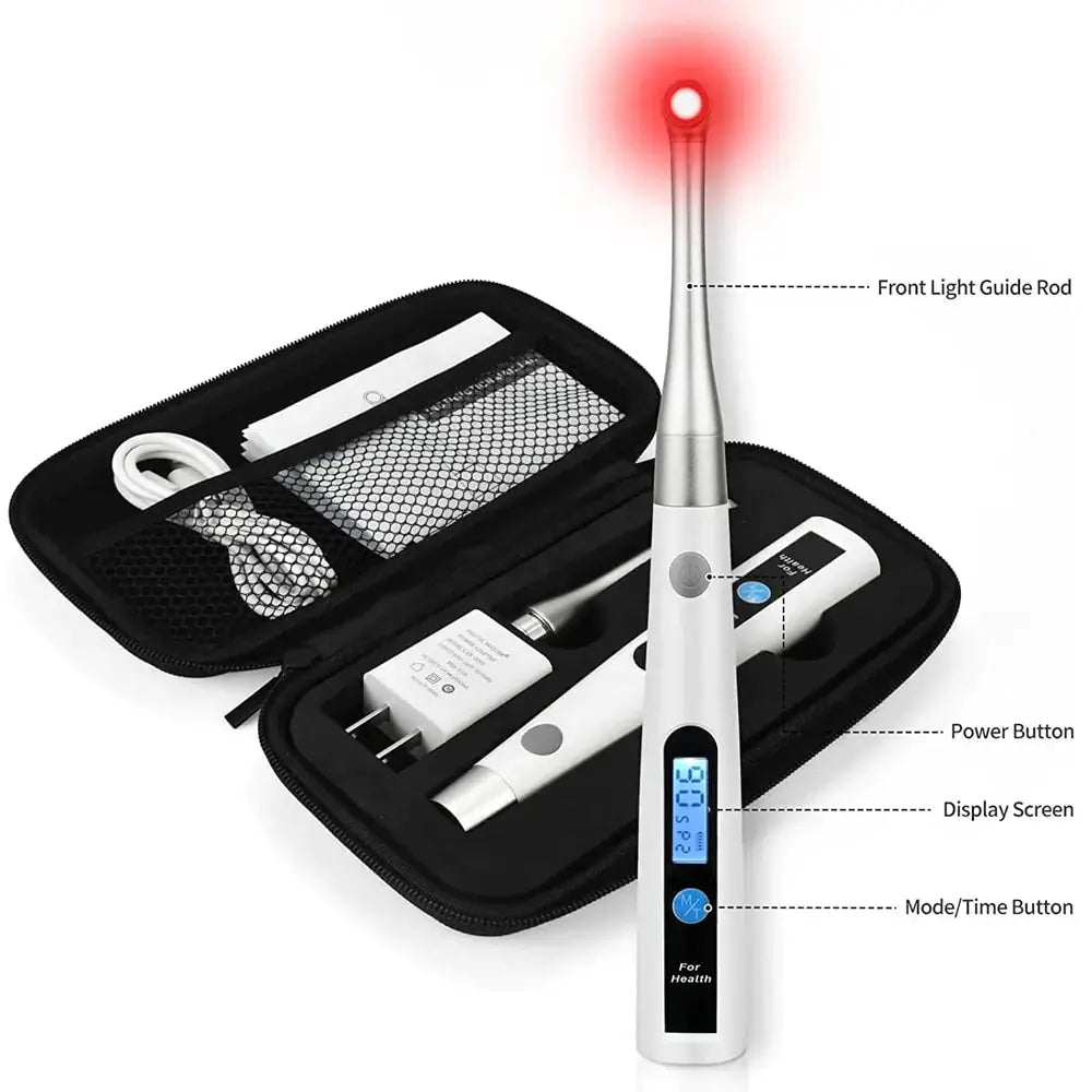 Allebuy red-light therapy device with front light guide rod and digital display in black carrying case
