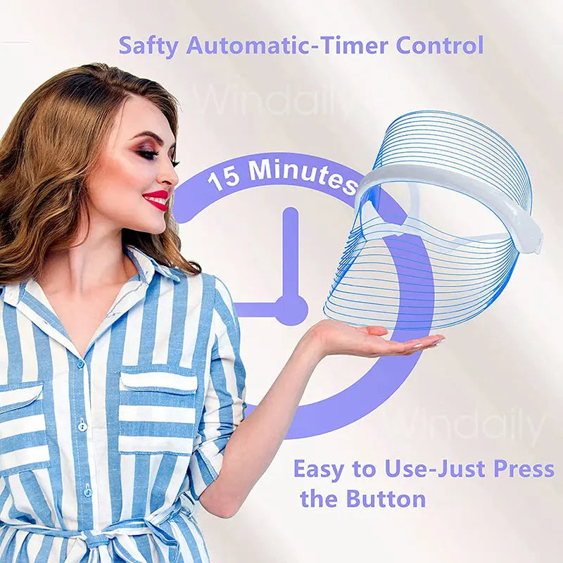 Woman holding a red-light therapy device with automatic timer control and easy button operation