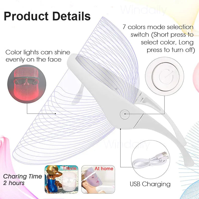 Allebuy red-light therapy mask with USB charging and 7 color mode selection for facial treatment